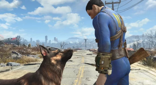 Fallout 4: the Sole Survivor and Dogmeat looking at each other.