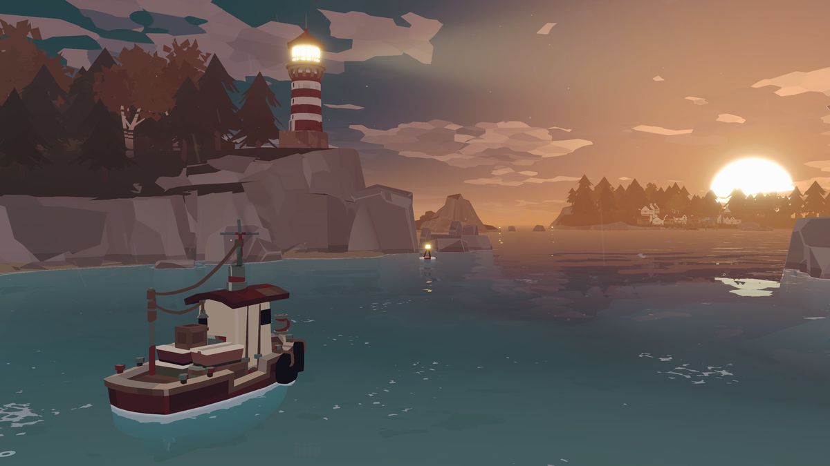 Un bateau de pêche se dirige vers un phare tandis que le soleil se lève à l'horizon sur une capture d'écran de Dredge