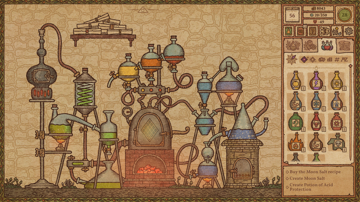 Une image sépia avec de nombreux flacons de potion se rejoignant dans Potion Craft : Alchemist Simulator.  Cela a l'air délicieusement complexe et compliqué