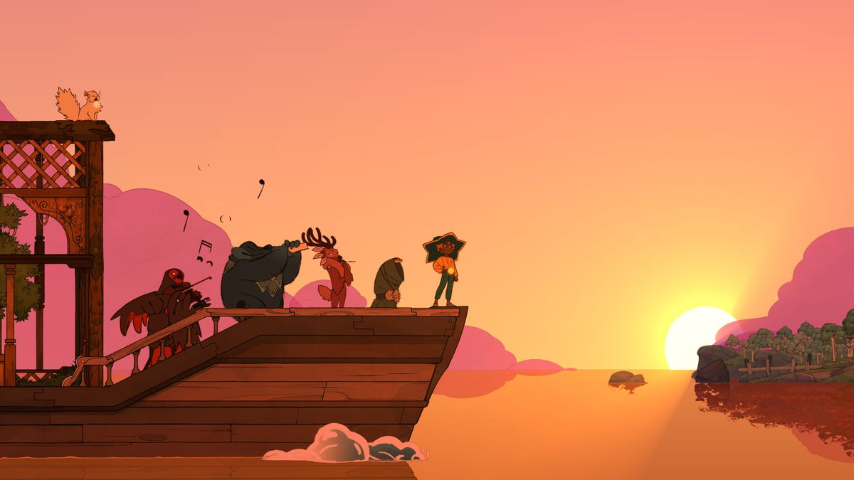 des personnages animés sur un bateau regardent le soleil se coucher au loin dans Spiritfarer