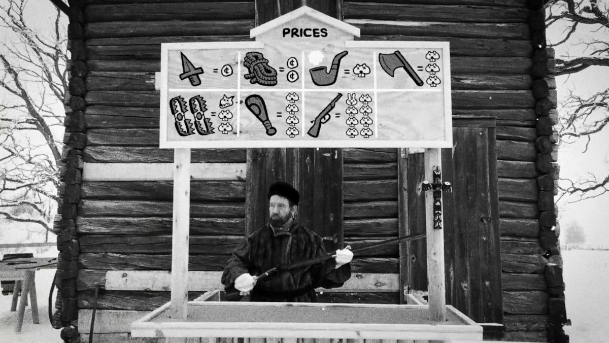 Un commerçant se tient derrière son stand, avec les prix des objets affichés dans un manoir aux allures de jeu vidéo, dans Des centaines de castors
