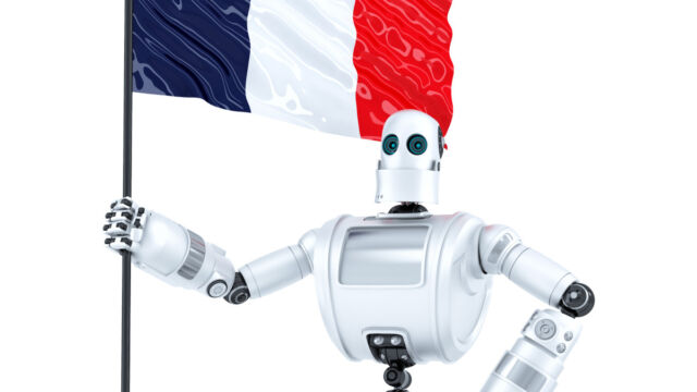 Illustration d'un robot tenant un drapeau français, reflétant au sens figuré l'essor de l'IA en France grâce à Mistral.  Il est difficile de dresser un portrait d'un LLM, donc un robot devra faire l'affaire.