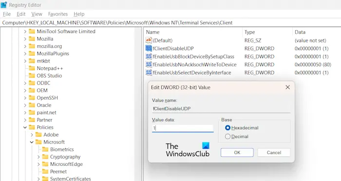 Modifier le registre Windows pour la session RDP