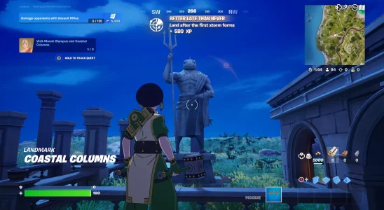 Toph in front of a statue of Poseidon in Fortnite.