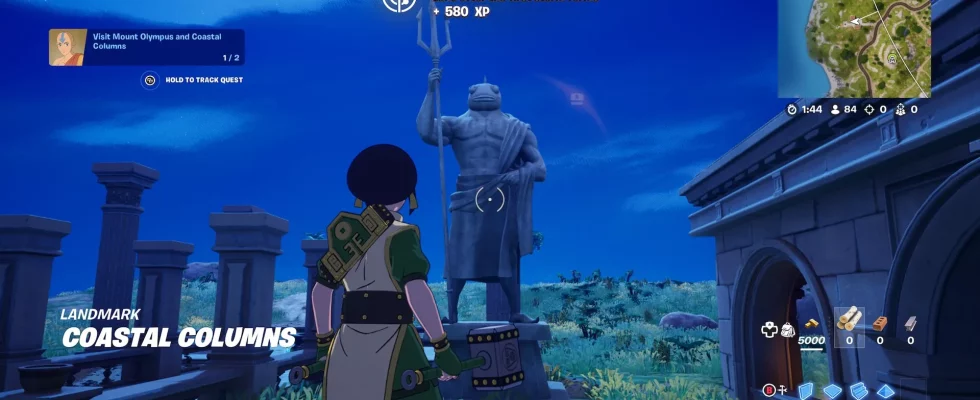 Toph in front of a statue of Poseidon in Fortnite.