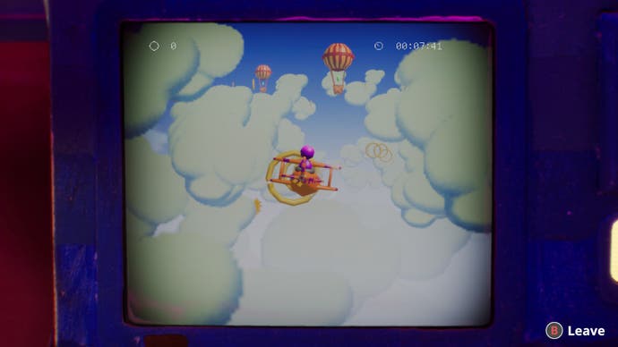 Capture d'écran de Harold Halibut montrant un mini-jeu dans le jeu dans lequel vous pilotez un avion et récupérez des anneaux d'or.
