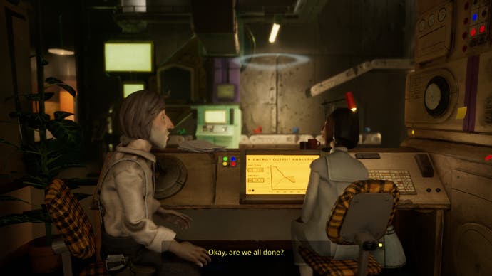 Capture d'écran du flétan de Harold montrant Harold en conversation avec un scientifique