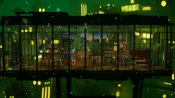 Capture d'écran de Harold Halibut montrant le quartier des arcades de l'extérieur