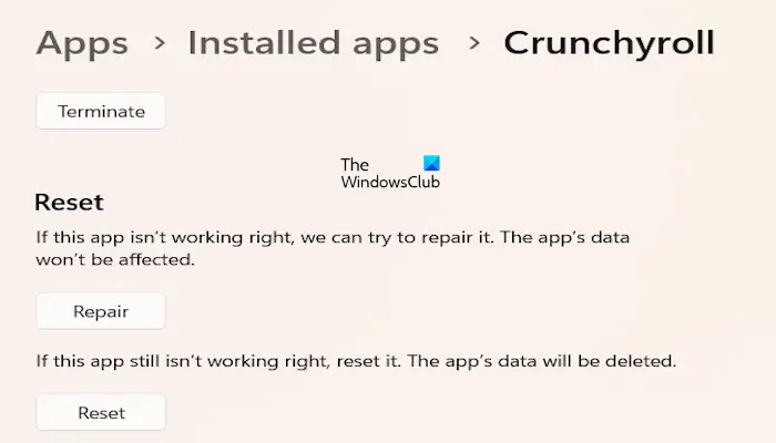 Réparer ou réinitialiser l'application Crunchyroll