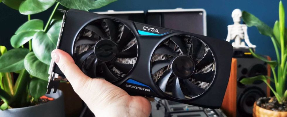 EVGA version of Nvidia GeForce GTX 970 being held with plants in bakcdrop