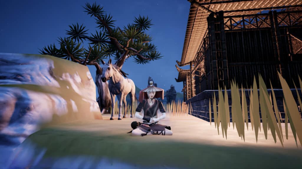Le joueur médite à côté d'un bâtiment pendant que son cheval monte la garde dans The Matchless Kungfu