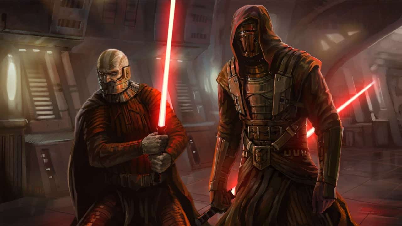 Deux personnages de Fortnite habillés en Sith de Star Wars dans des robes sombres, brandissant des sabres laser rouges dans un couloir métallique à l'éclairage tamisé.