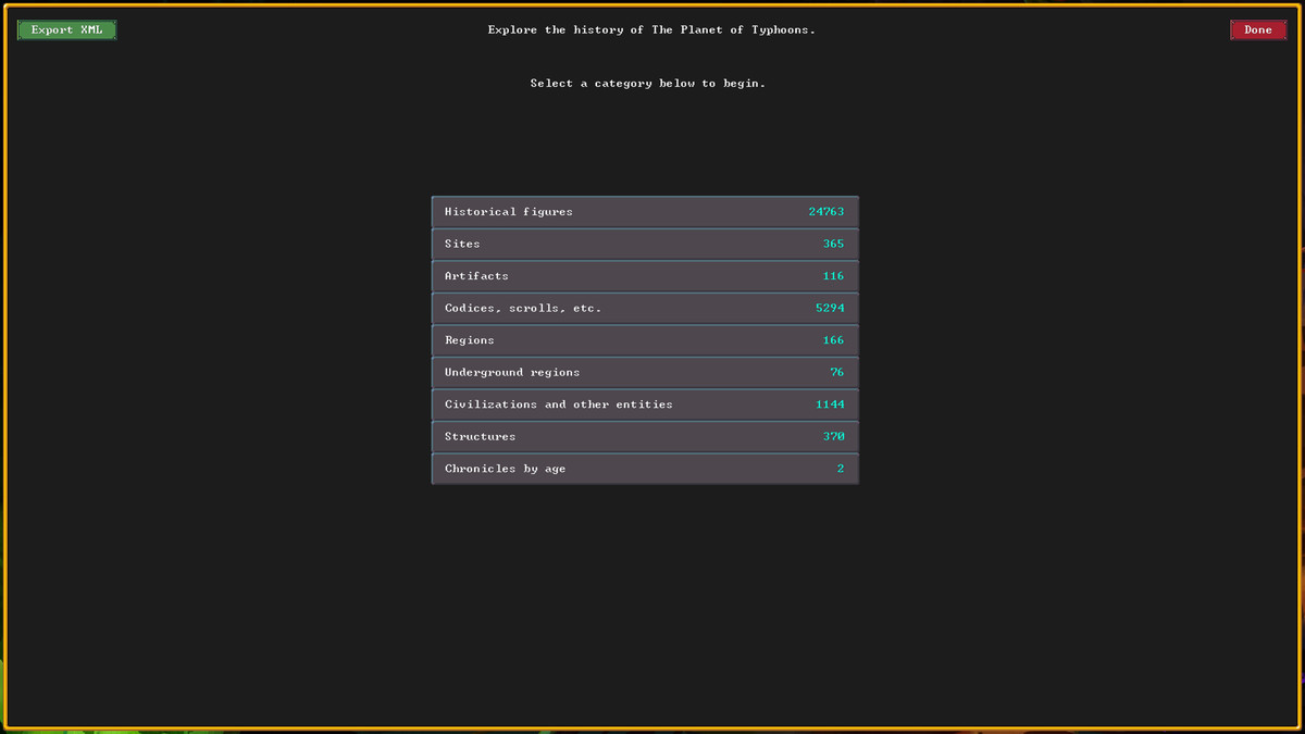 Un écran de menu de Dwarf Fortress affichant les données d'un monde entier sous forme de menu.