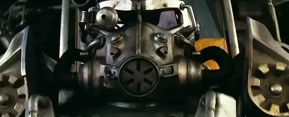A close up from the Fallout TV series of a person in power armour.