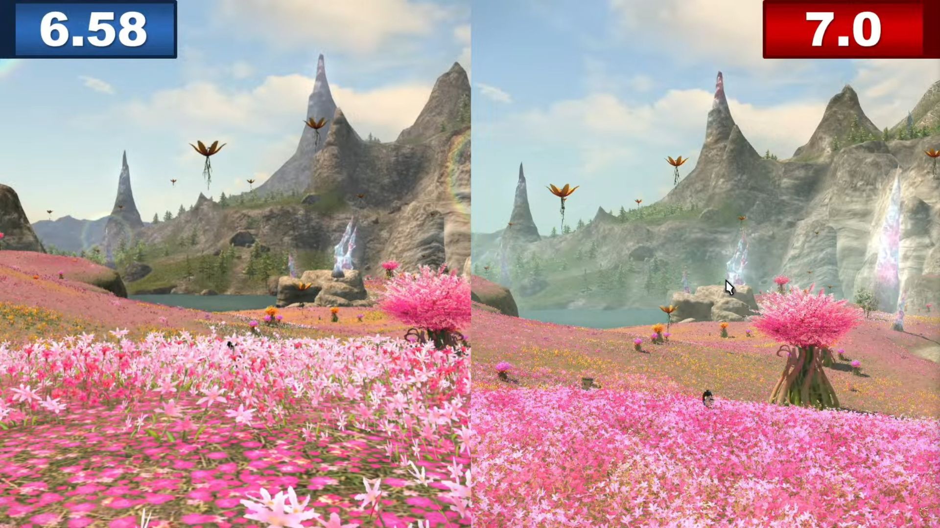 Benchmark Final Fantasy 14 Dawntrail : deux plans de champs de fleurs roses, celui de droite est de meilleure qualité que celui de gauche