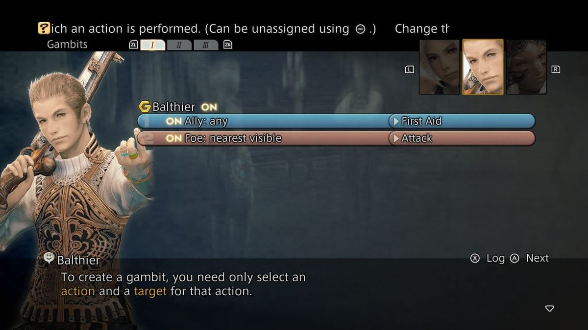 L'écran du didacticiel Gambit dans Final Fantasy 12, montrant les commandes « Allié : n'importe lequel, premiers secours » et « Ennemi : visible le plus proche, attaque »