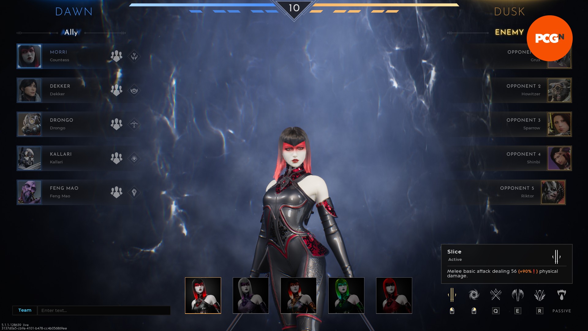 L'écran de sélection du personnage de Paragon, où le joueur a choisi la Comtesse, une femme gothique avec du maquillage rouge sur le front, une tenue en cuir moulante et deux poignards.