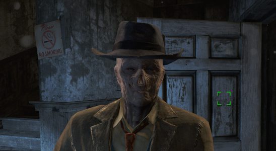 Fallout 4, a rough-skinned ghoul in a hat and suit.
