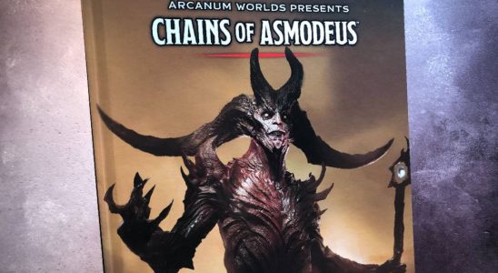 Cover of the hardback Chains of Asmodeus book against a gray background