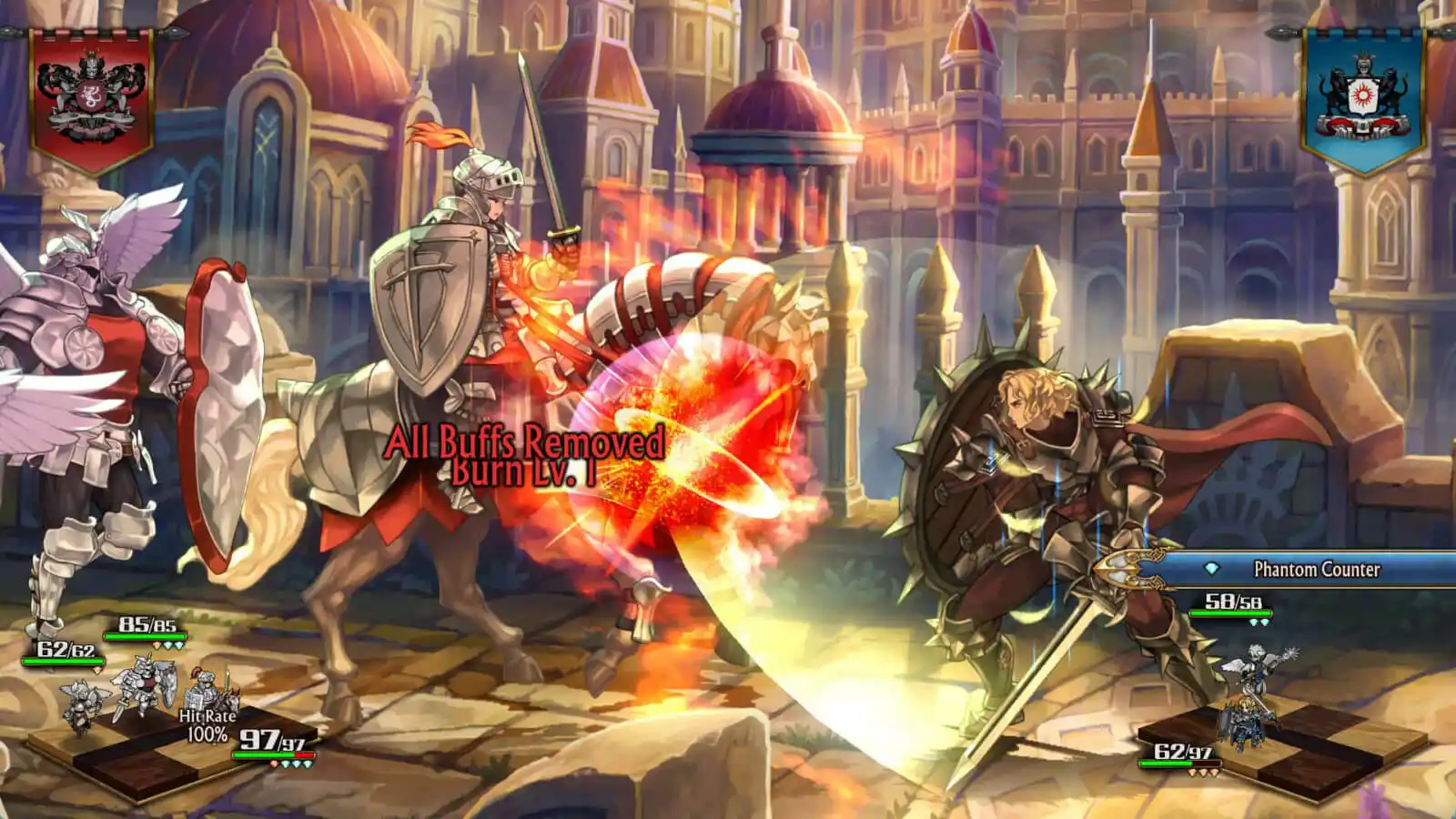 Des chevaliers fantastiques se battent dans un jeu avec un effet d'explosion enflammé.