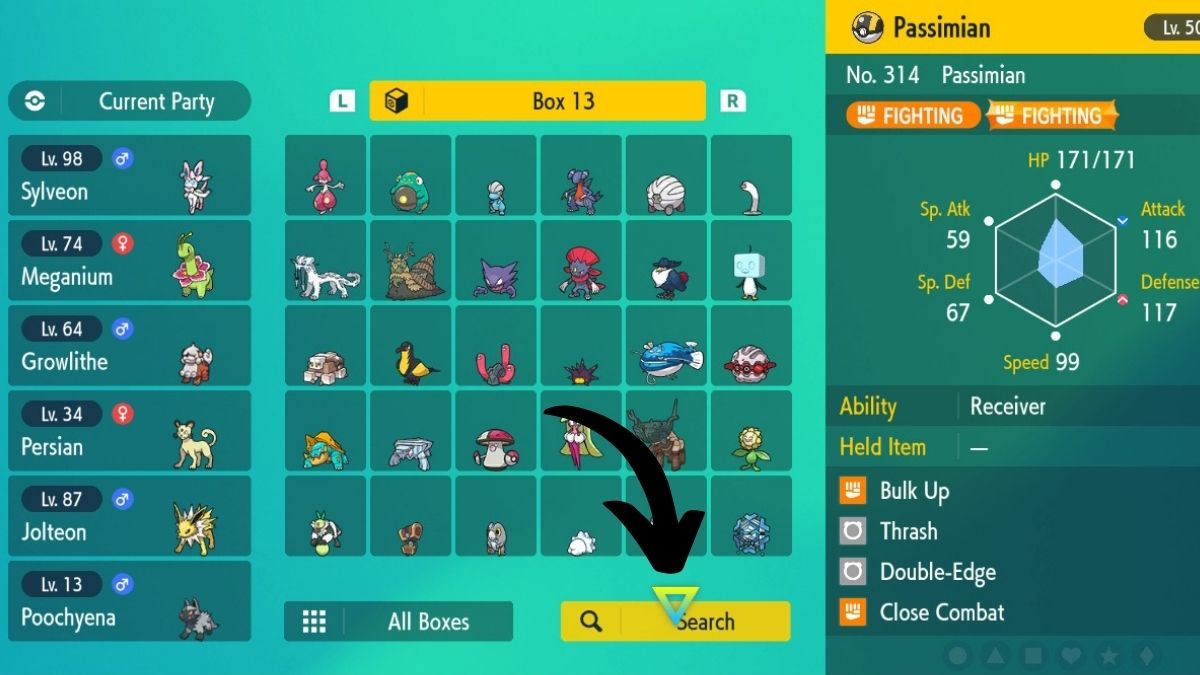 Capture d'écran de la page Pokemon Box dans Pokémon Écarlate et Violet, avec une flèche pointant vers le "recherche" fonction