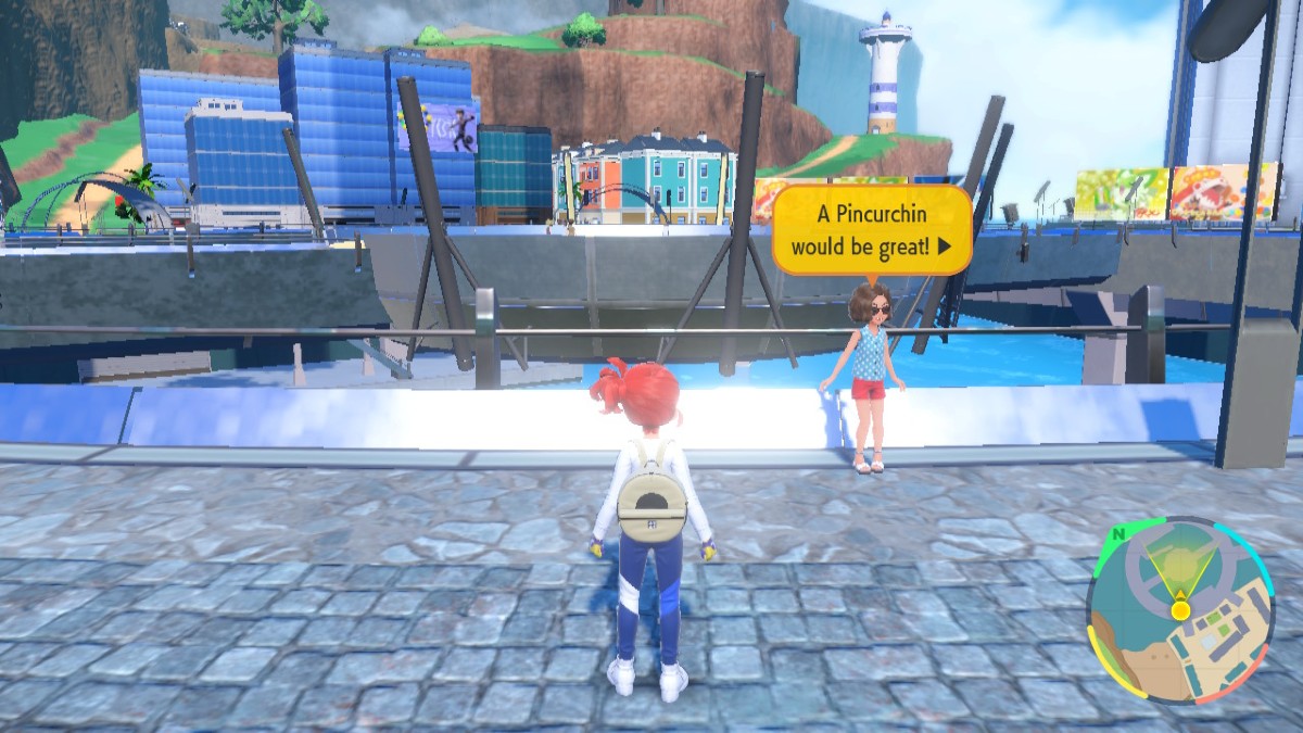 Capture d'écran de Pokémon Écarlate et Violet, montrant le personnage du joueur et un PNJ avec une bulle jaune