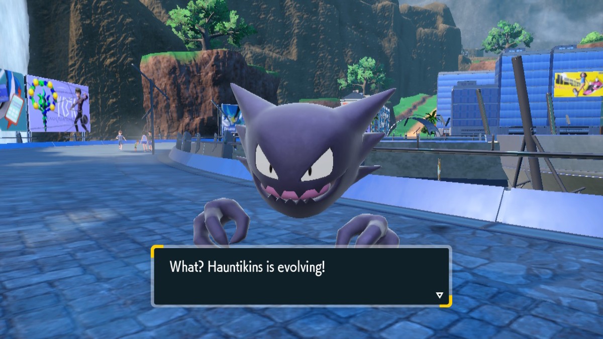 Capture d'écran de Pokémon Écarlate et Violet montrant un Haunter et la boîte de dialogue "Hauntikins évolue"