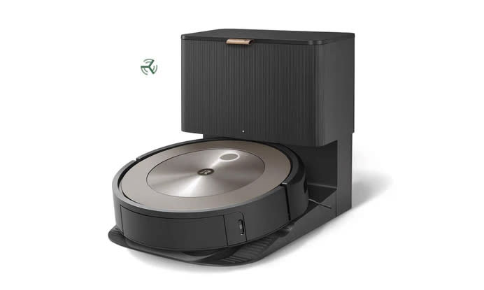 Image marketing du produit pour l'iRobot Roomba J9+.  Le robot aspirateur se trouve dans sa station de nettoyage sur un fond blanc.