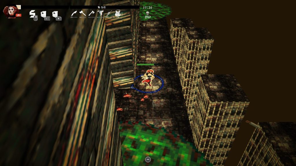 Capture d'écran d'Outer Terror montrant un personnage de clown debout entre deux lames vertes en rotation dans un labyrinthe industriel