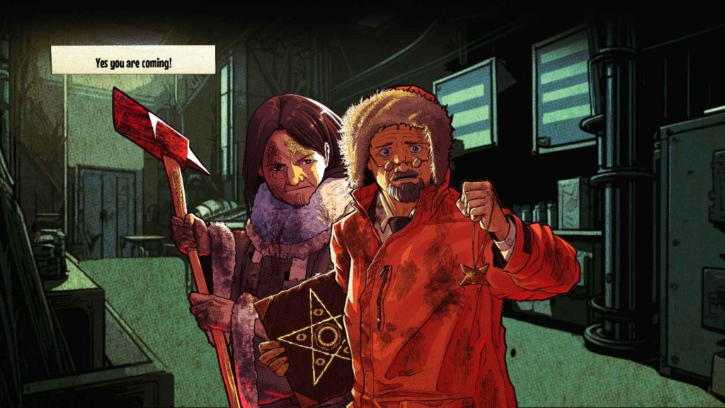 Capture d'écran d'Outer Terror montrant l'art de deux personnages se trouvant dans une sorte d'installation par temps froid