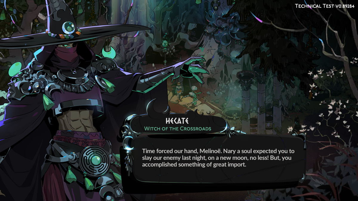 Une image d'Hécate dans Hadès 2. Elle ressemble à un sorcier passionné avec un pack de six. 