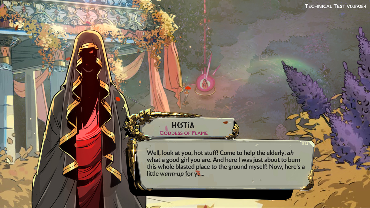 Une image d'Hestia dans Hadès 2. Elle ressemble à un personnage en robe sans visage. 