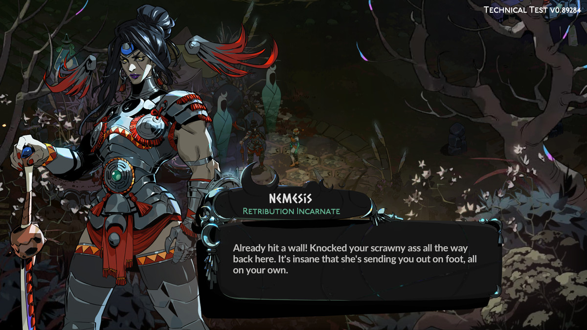 Une image de Nemesis dans Hadès 2. Elle ressemble à une guerrière chamois et porte une armure sombre. 