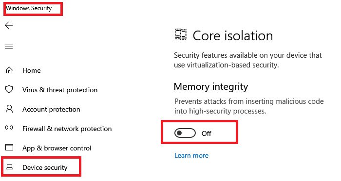 Désactiver la sécurité Windows de l'isolation de base de l'intégrité de la mémoire