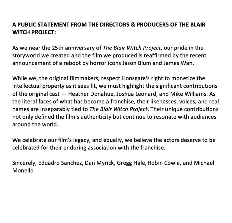 Déclaration de soutien des cinéastes du projet Blair Witch