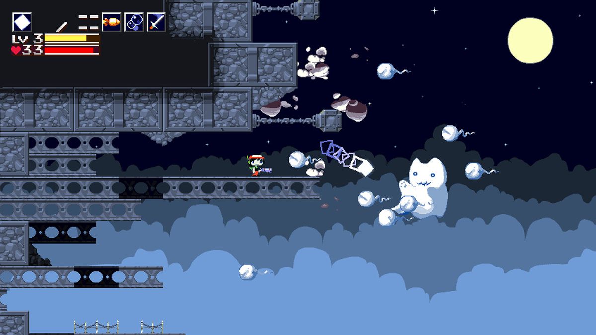 Une capture d'écran de Cave Story mettant en vedette Quote, le protagoniste du jeu, debout au bord d'une falaise avec un ennemi fantôme ressemblant à un chat qui leur tire des projectiles.