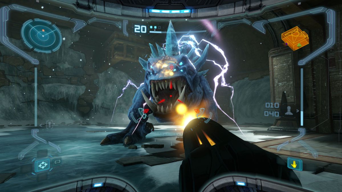 En vue à la première personne, Samus tire sur un boss couvert de glace dans Metroid Prime Remastered