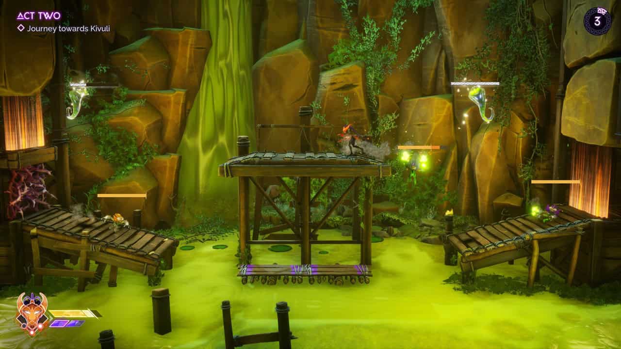 Revue de Tales of Kenzera Zau : Un joueur combat des ennemis sur des plates-formes au-dessus d'un marais.  Image capturée par VideoGamer.