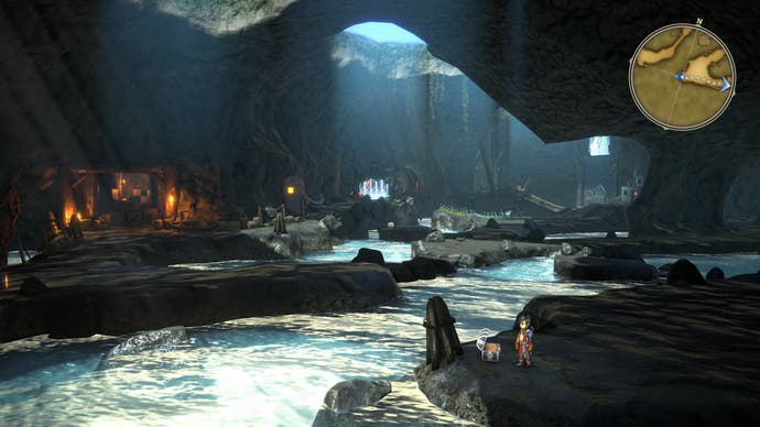 Eiyuden Chronicle : capture d'écran de Hundred Heroes, montrant l'intérieur sombre d'une grotte en bord de mer.