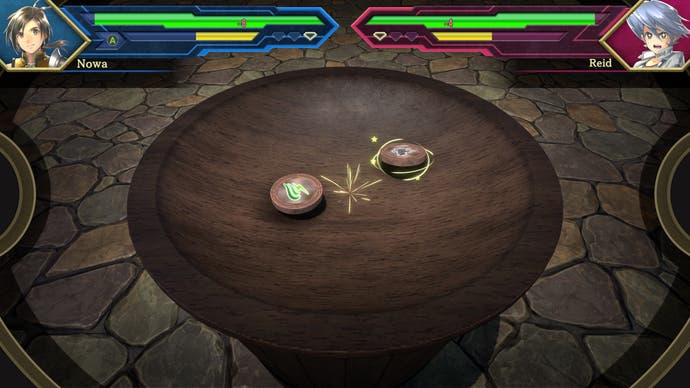 Capture d'écran d'Eiyuden Chronicle : Hundred Heroes, montrant le mini-jeu de style Bakugan avec des jouets en bois tournant sur une table.