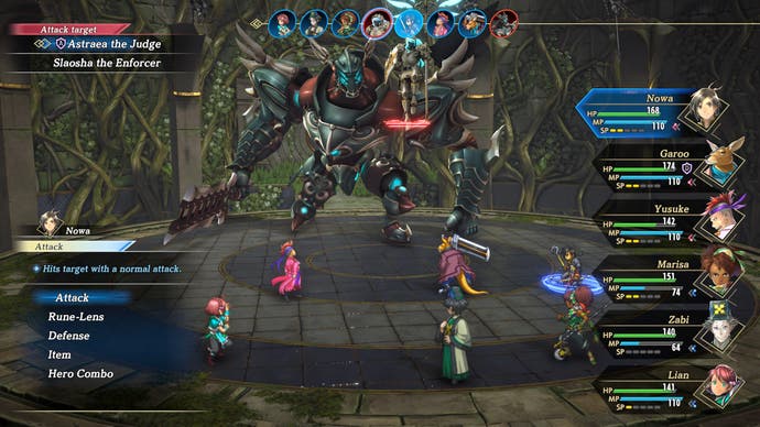 Eiyuden Chronicle : capture d'écran de Hundred Heroes, montrant un combat de boss contre un ennemi mécanisé géant.