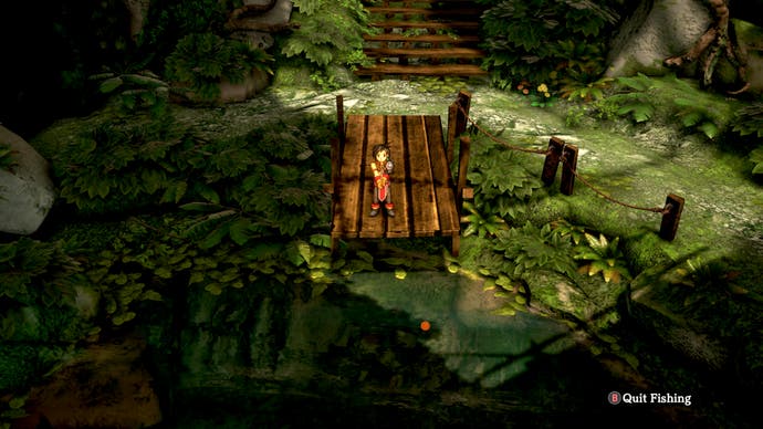 Nowa va pêcher dans les bois dans une capture d'écran de Eiyuden Chronicle : Hundred Heroes.