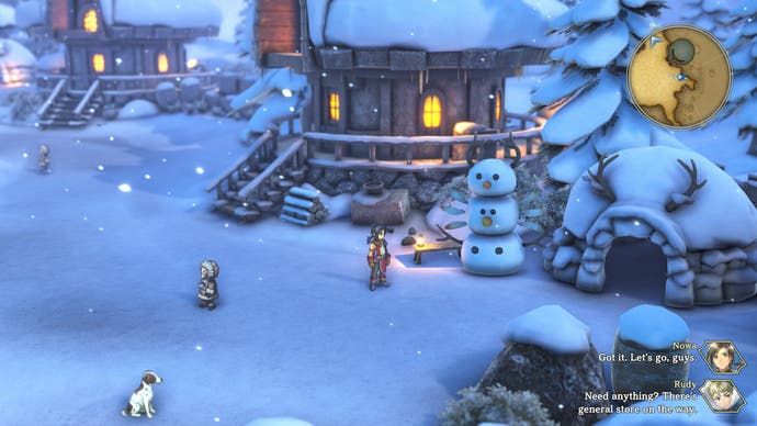 Nowa se tient autour d'un village enneigé dans une capture d'écran de Eiyuden Chronicle : Hundred Heroes.