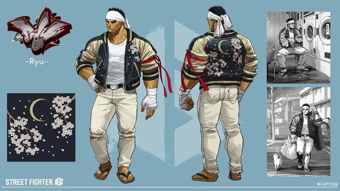 Ryu dans ses vêtements de ville dans Street Fighter 6. Cela semble être un mood board pour le personnage.