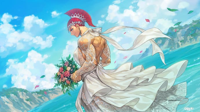 Marisa dans Street Fighter 6. Elle porte une robe de mariée avec son casque romain et tient un bouquet de fleurs.