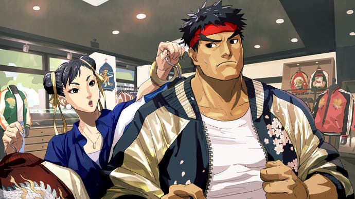 Chun Li et Ryu dans un magasin de vêtements dans Street Fighter 6. Ryu a l'air mal à l'aise.