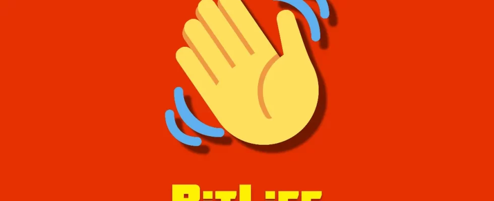A waving hand emoji on an orange background with the BitLife logo beneath it.