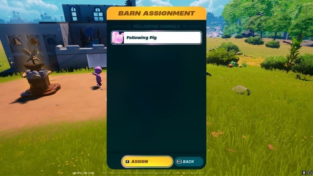 Écran d'attribution d'animaux de LEGO Fortnite, avec un cochon sur le point d'être attribué. 