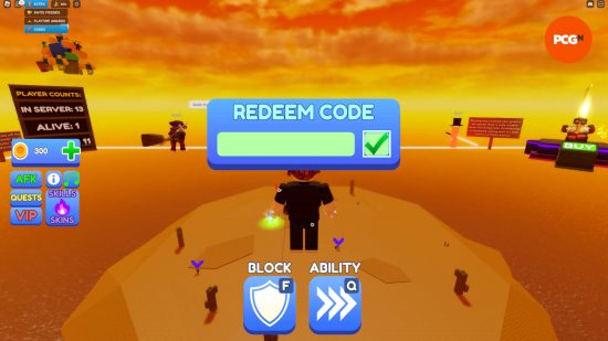 L'écran d'échange de codes pour saisir les codes Blade Ball.