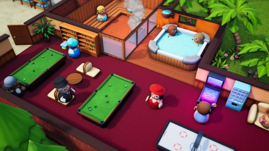 Hotel Architect - Une série de clients profitent des installations de spa, de sauna, de jacuzzi, de snooker et de jeux d'arcade dans le jeu de gestion Pathos Interactive.